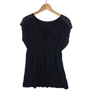 Soprano Black Studded Shoulder V Neck Elastic Waist Cap Sleeve Top Womens L